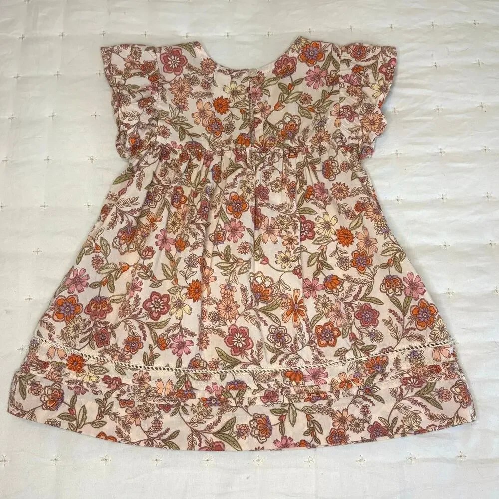 Old Navy Floral Print Pintucked Swing Dress Baby Girl 12-18M Cream Coral